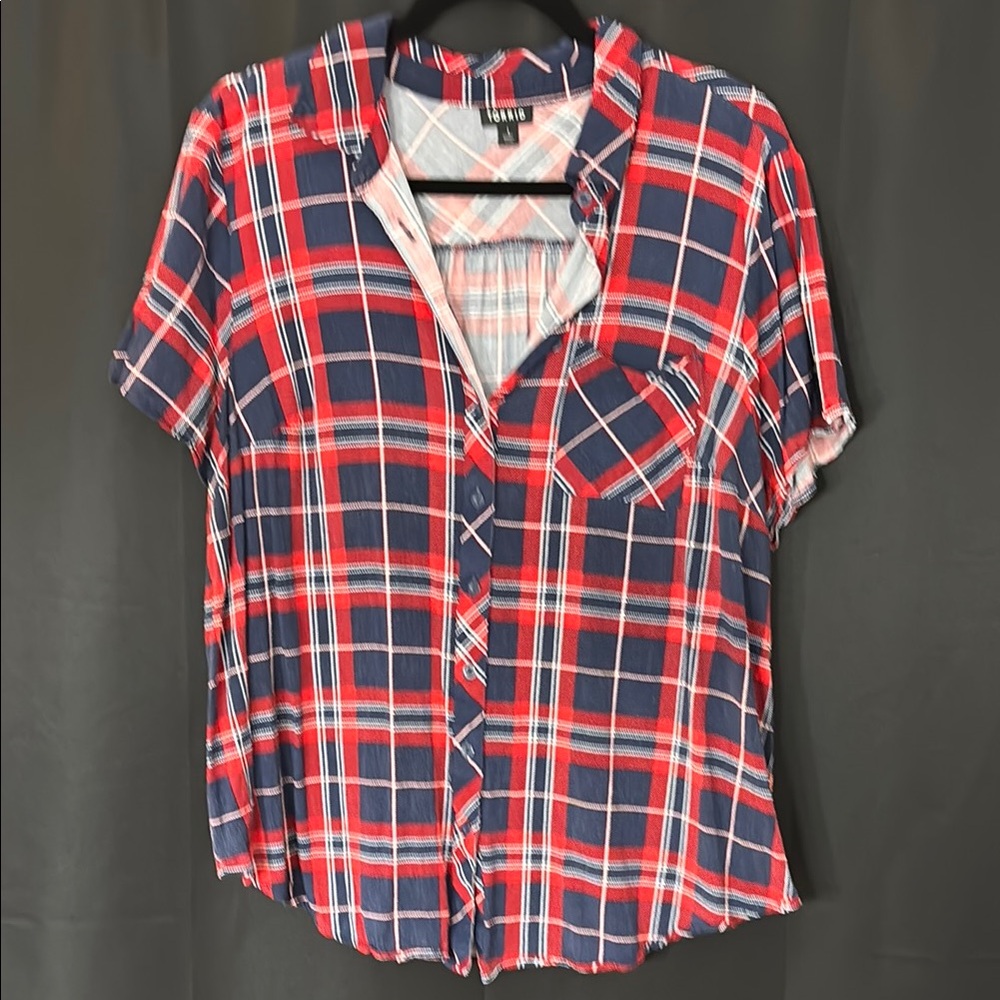 Torrid Red and Blue Button Down Shirt with Notched Collar